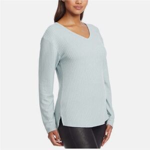 Chaser Waffle Knit Thermal Top Size XL Vee Neck Long Sleeve in minty Blue NWT